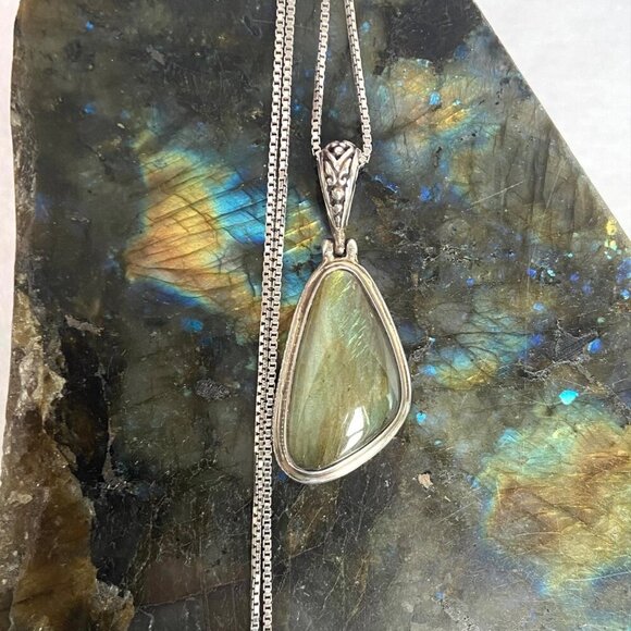 Sterling Silver 925 Bezel Set Labradorite Pendant Necklace 18.5" Box Chain - Picture 11 of 16